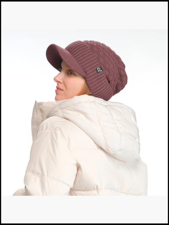 Fleece Lined Knit Hat with Visor Brim Stretchy Ribbed main image 6